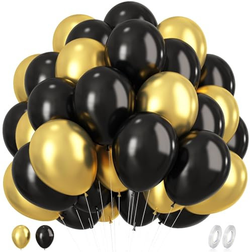Black and Gold Balloons, 60pcs 12 Inch Metallic Gold and Black Balloons Latex Helium Party Balloon for New Year Decorations Graduation Class of 2025 Birthday Anniversary Bachelorette Party Supplies