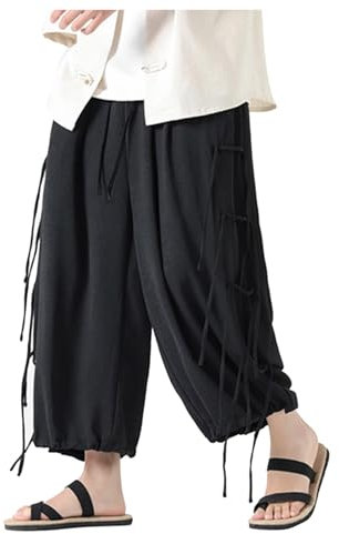 Pantalon ample pour homme - Jambes larges - Décontracté - Jupe noire - Loisirs - Pantalon baggy - Pantalon sarouel avec taille élastique et à carreaux - Patchwork - Pantalon de yoga - Style chinois,