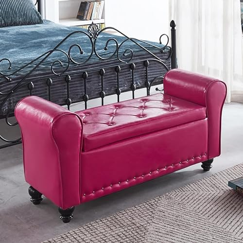 Ottoman-Bank aus Leder, modernes Design, zeitgenössische Rollarm-Aufbewahrungsbank, getuftete Bettbank, Eingangsbereich, Schuhbank, Holz-Sofa-Hocker, Fußstütze (Rosa)