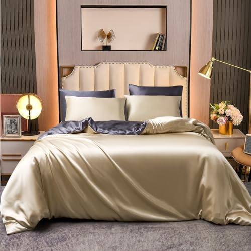 Juego de ropa de cama 220 x 240 de satén dorado beige para adultos 2 personas de satén ropa de cama de color sólido seda lisa sedosa brillante moderna juego de ropa de cama con cremallera y 2 x 65 x