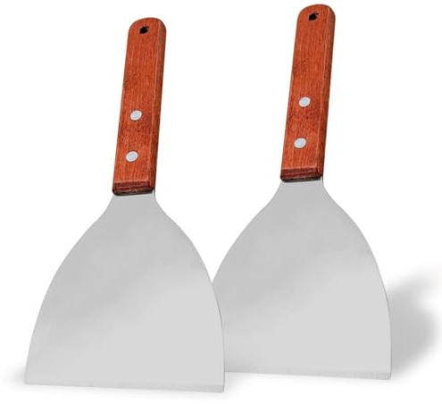 2 raschietti per griglia, in acciaio inox, con bordi obliqui, spatola con manico in legno, per alimenti, pancake, pizza, cottura casalinga
