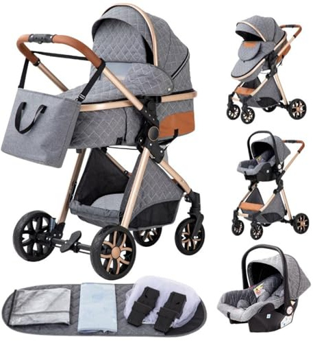 GLOKID Kinderwagen 3 in 1,Reisesysteme, Babywanne,Buggy&Sportsitz,Tragbarer,Voll-Gummireifen,Mit Einem Klick Zusammenklappbarer,Zubehör (LV9 Grau)