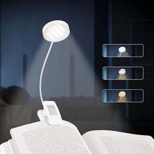 LQWELL® Luz de Lectura Nocturna, Luz de Lectura Recargable USB, 3 Temperaturas de Color, 10 Niveles de Brillo, Atenuación Continua, Ángulo Flexible de 360° (Blanco, 1 Pieza)