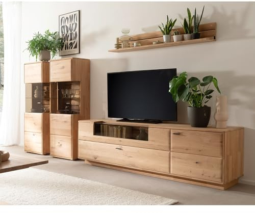 Lomadox Wohnwand Wohnmöbel Set in Eiche massiv geölt 4-teilig, 2 Highboards, 1 Wandboard, 1 Lowboard