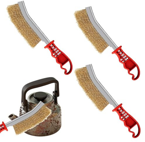 3 spazzole in ottone, per barbecue, in ottone, con manico in plastica curvo per la pulizia di scorie di sudore e residui di griglia