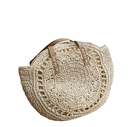 ZWCSHUU Häkeltaschen für Frauen Runde Strohtasche for den Sommer, hohl gewebt, for Reisen und Strand, große Kapazität, Umhängetasche, lässige Einkaufstasche(Beige)