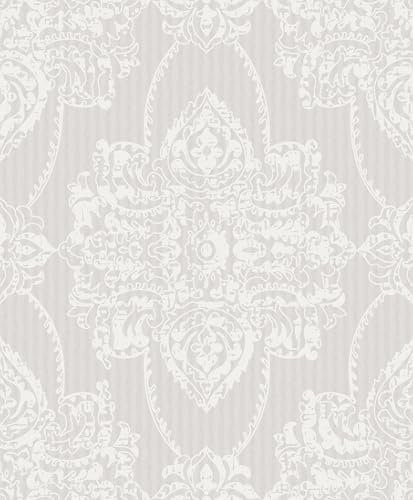 Rasch Papier peint intissé 101401 - Gris clair avec ornements baroques blancs - 10,05 m x 0,53 m (L x l)