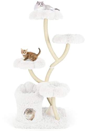 COSTWAY Árbol Rascador para Gatos, Árbol para Gatos Multinivel con 4 Plataformas en Forma de Flor, Postes de Rascado de Sisal, Condominio Privado, Mueble de Escalada para Gatos de Interior (Blanco)