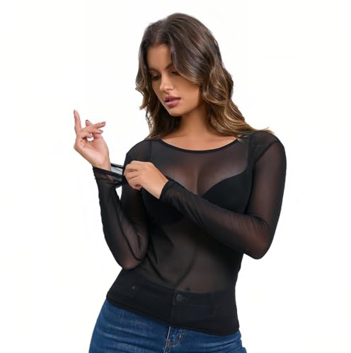 OPVYAEU Maglietta Donna Trasparente Camicette Manica Lunga Maglie in Rete Maglia Elegante Nero Camicia Mesh Top Sexy Tunica Bluse Clubwear T-Shirt in Tulle(Nero L)