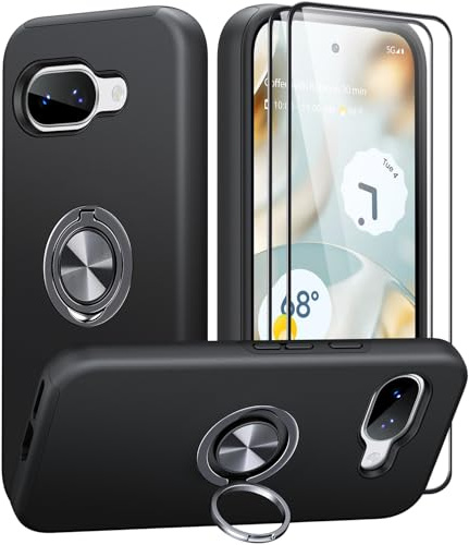 AOUIA for Google Pixel 9A Case with 2-Pack Screen Protector, 3-in-1 Set Cover, 360°Rotating Metal Ring Stand Anti-Scratch Shockproof Phone Case for Google Pixel 9A 6.3, Black