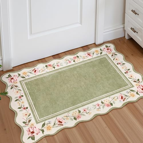 Lahome Floral 2x3 Rug, Green Kitchen Rugs Ulta-Thin Washable Indoor Mats for Entryway Non-Slip, Boho Scalloped Stain Resistant Small Throw Rugs for Bathroom Bedroom Ariele（Green）