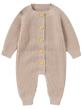 LAWKUL Baby Romper Long Sleeve Onesies Soft Stretchy Knitted One-Pieces Jumpsuit Outfits Clothes for Infants Newborns Boys Girls Khaki 3-6 Months