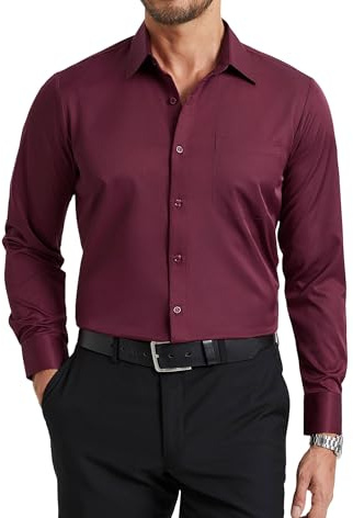 Enlision Camisa Burdeos Hombre Elastica Sin Plancha Manga Larga Camisas Antiarrugas Cuello con Botones Ajuste Regular Traje Negocios Boda con Bolsillo XXL