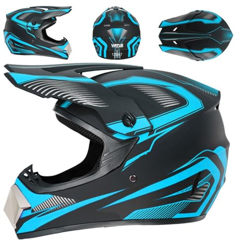 Caschi da Motocross Per Ragazzi E Ragazze Dai 5 Ai 14 Anni, Omologati DOT, Adatti A Motocross, Quad, Fuoristrada E Veicoli A Quattro Ruote(905 sky blue track,L(56-57cm))