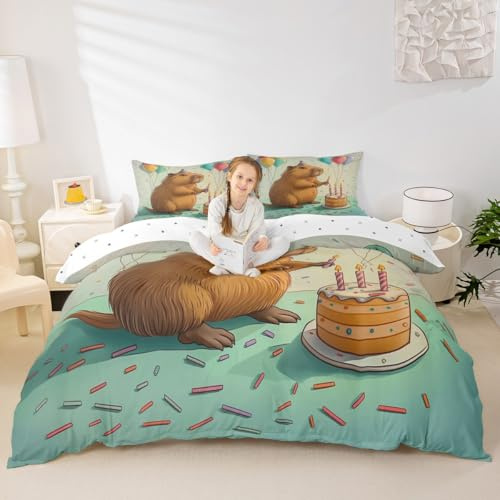 Erosebridal Cute Beaver Toddler Size Bedding Set for Kids, Wild Animal Duvet Cover for Bedroom, Wildlife Comforter Cover, Happy Birthday Cake Candle Balloon Bed Set