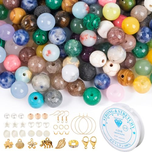 EUES 100 Stück 8mm Natürliche Mehrfarbig Perlen für Armbänder, Edelstein Perlen Set Armbänder Selber Machen,Glas Set mit zum Auffädeln für Ketten Ringe Handykette Schmuckherstellung Kit
