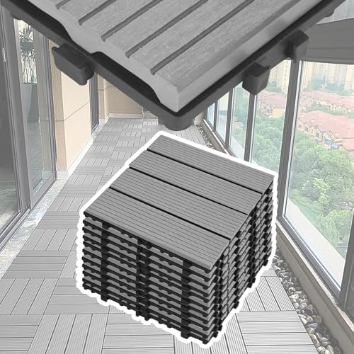 UISEBRT Balkon Bodenbelag WPC Terrassenfliesen Holzoptik Balkonfliesen Klicksystem Klickfliese Kunststoff Klick Fliesen für Garten Balkon Terrasse (Hellgrau, 5m² - Model H)
