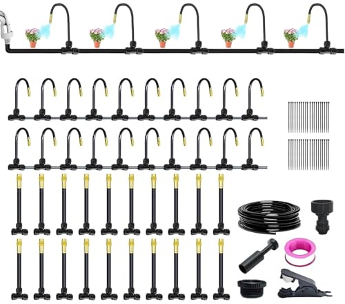 Sistema de riego por goteo para jardín, kit de riego para jardín con manguera con goteo ajustable, accesorios de jardinería automática con manguera flexible, ajustable y aspersor para césped