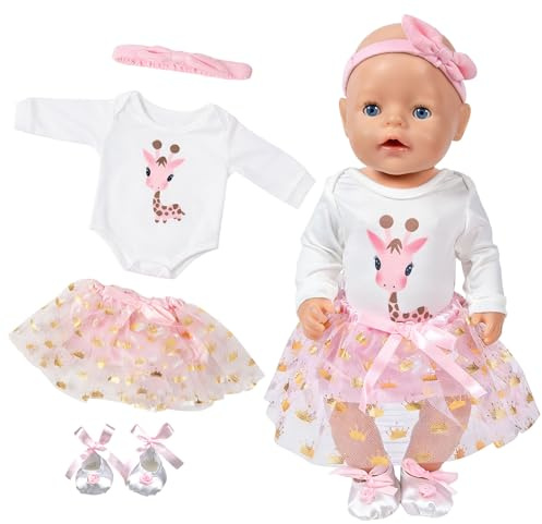 4 piezas de ropa de muñeca tutú para muñecas de 36 – 43 cm, vestido de muñeca con tul y corona para muñecas de 43 cm, camisa de manga corta con estampado de jirafas, zapatos de ballet, mariposas