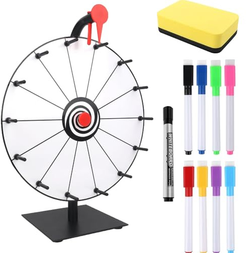 Dhqkqg Roue de la fortune à tourner - 30 cm - À personnaliser soi-même - Avec 14 emplacements - Jouet avec gomme et marqueur - Pour carnaval, gagner des jeux Fortune - Blanc et noir