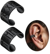 Ticome Viking Rune Hoop & Cuff Earrings for Men Women,Stainless Steel Black Punk Ear Cuffs,Onyx Norse Runes Studs Clip On Jewelry Accessories