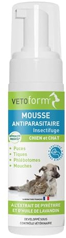 VETOFORM | Mousse Antiparasitaire Chien et Chat | sans rinçage | 150 ML | sans Colorant | Efficacité prouvée | Fabriqué en France