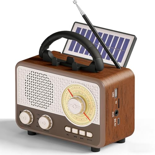 Radio retro con Bluetooth, radio solar para exteriores, compatible con AM/BT/TF/FM/USB/SW3/AUX/función de energía solar, radio de cocina con cable de alimentación (A)