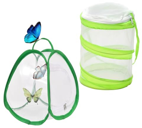 Butterfly Net Habitat Cage 2 Pack – Foldable Insect Enclosure with Zipper Opening, Handle & Mesh Walls for Caterpillar Observation, Butterfly Release, Outdoor Education, 30cm Mini Portable Size