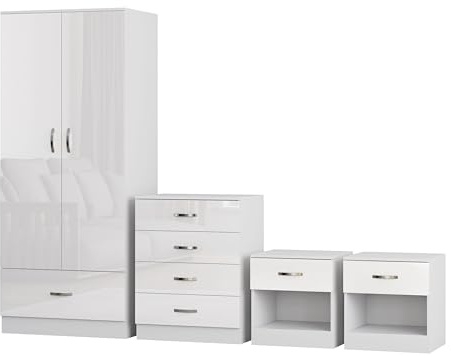 Nera Gloss White 4 Piece Bedroom Furniture Set 2 Door Wardrobe with Drawer Chest of Drawers & Two Bedside Table Bedroom Set
