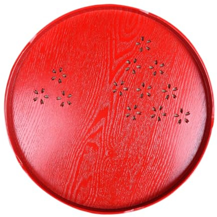 VANZACK Plateau de Service Rond Rouge en Bois Motif Creux Accessoire Mariage Pratique pour Cérémonie Plateau à Thé en Bois 1 Pièce Décoration Intérieure et Rangement Ménager