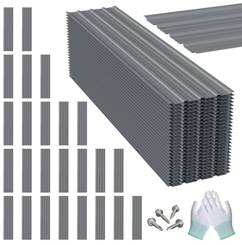 25PCS Metal Roof Panels, 17.7×61 193 ft² Corrugated Roofing Panels, 5.1Ft Galvanized Metal Siding Panels with 250 Screws and Glove, for Garages, Sheds, Stables, Carport, Grey