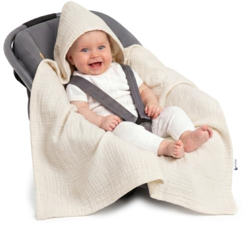Medi Partners Musselin Einschlagdecke für Babyschale Ganzjahres-Babydecke universal 85 x 85 cm für Kinderwagen Buggy und Autositz Kuscheldecke (Beige)