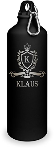 Trinkflasche mit Namen Klaus - graviert mit Wappen Monogramm, Aluminiumflasche mit Gravur, Sportflasche - matt schwarz