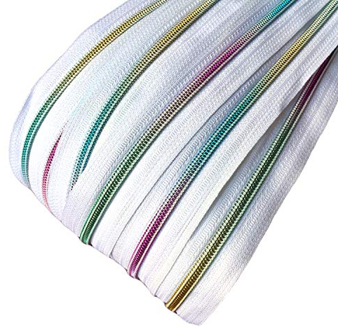 6 m endlos Reißverschluss weiß mit Regenbogeneffekt 5mm Laufschiene + 15 Zipper, Spiralreißverschluss