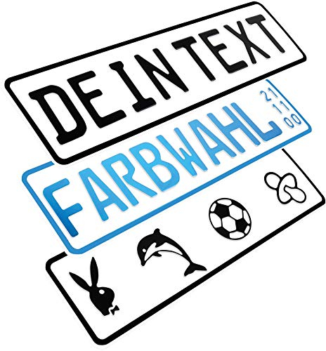 L & P Car Design FKZ 1 Stück Fun Kennzeichen 52cm x 11cm Wunschtext Bohrung Beschichtungsfarbe Individuell Wunschkennzeichen Wunschprägung Namens Kennzeichen Namensschild Farbe Weiss