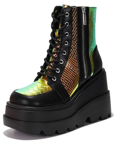 Cape Robbin Women's Holographic Platform Ankle Boots Chunky Block Heel Lace Up Side Zip (Radio) Black 7