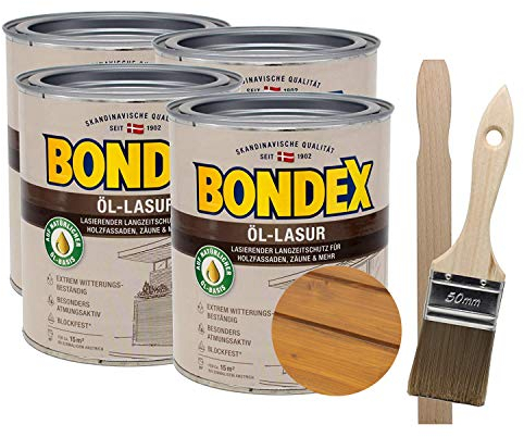 Bondex Öllasur 4 x 0,75 l premium Holzlasur aus natürlichen Ölen inkl. Pinsel und Rührholz der Langzeitschutz für Holz im Aussenbereich (kiefer)