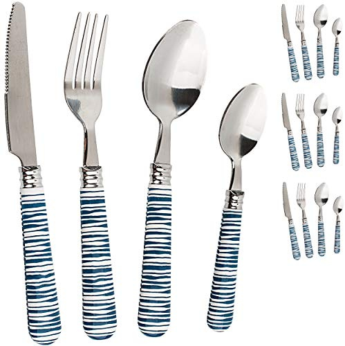 alles-meine.de GmbH 16 TLG. Besteckset - aus Edelstahl - Streifen Muster - blau & weiß - rostfreier Stahl/Edelstahl - spülmaschinenfest - für 4 Personen - je 4 Stück__ Gabel +..