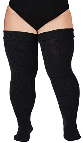 Moon Wood Plus Size Overknees Strümpfe Damen Extra Lange Überknie Kniestrümpfe Damen Thigh High Socks Soft Warme Stulpen mit Garter Große Größe Schwarz