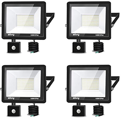 Blivrig 4 Pcs 100W LED Lampe Exterieur Detecteur de Mouvement, Projecteur Spot LED Extérieur Détecteur Blanc Chaud IP67 Étanche, Eclairage Extérieur Avec Detecteur Jardin Garages, Façades, Parc