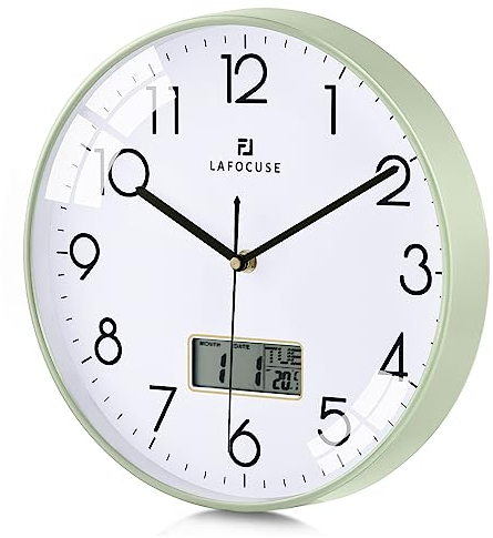 Lafocuse 12 Inch Silent Green Wall Clock with Date and Day, Temperature, Day of Week, Kitchen Wall Clocks for Living Room Modern, LCD Digital Wall Clock Battery Operated Office Bedroom