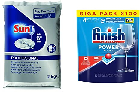 Sun Professionnel Sel Régénérant pour lave vaisselle, 2 kg & Finish Pastilles Lave-Vaisselle Powerball All in One Max - 100 Tablettes Lave-Vaisselle