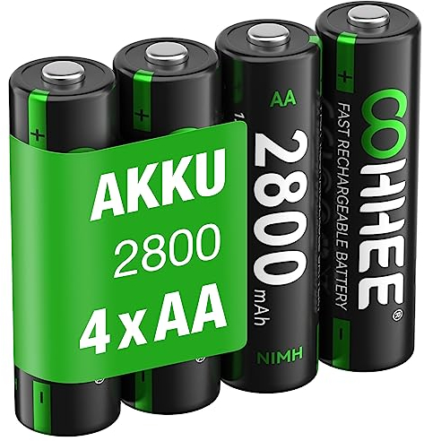 OOHHEE wiederaufladbare AA Akkus 4 Stück, Mignon AA Akku, Typ NI-MH 2800mAh AA Akkus, geringe Selbstentladung 1.2v aa Batterien, mit Batterie Schutzbox