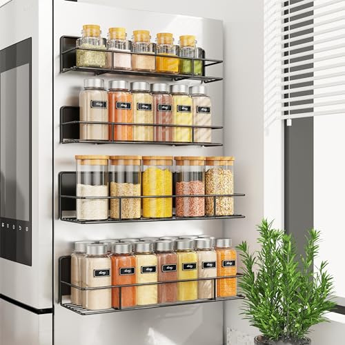 Golden Bell Magnetisches Gewürzregal ohne Bohren für Kühlschrank, 4er Pack Gewürzhalter Schwarz aus Metall in 2 Größen, Platzsparender Küchenorganizer Gewürzständer, Küchenregal Ordnungssystem