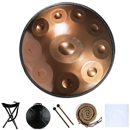 Handtrommel, Handpan-Drum-Instrument In D-Moll 9/10/12 Noten 56cm Stahl-Handpan-Trommel Mit Handpan Tasche, 2 Schlägeln Und Handtrommelständer (Color : Gold - 10 Notes, Size : 432hz)