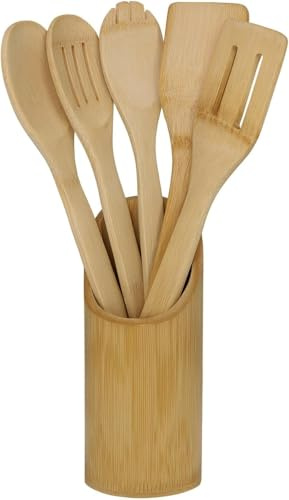 hausleben 6-teiliges Kochlöffel Set aus Bambus - 30x6 cm Küchenhelfer Set mit Halter - Nachhaltiges Kochbesteck & Holzlöffel, Pfannenwender, Salatbesteck und weitere Küchenutensilien