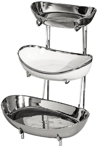 JUNYFFF Fruteros De Cocina Modernos Cerámica, 3 Pisos Cesta Frutas Y Verduras Estable Y Sin Sacudidas, Cocina Frutero con Soporte Metálico para Sala De Estar, Cocina, Plateado