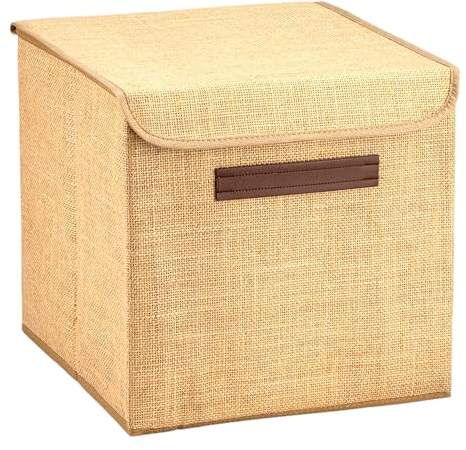 Muvax Cesta de almacenamiento con tapa de yute, cubo de almacenamiento plegable, cesta de almacenamiento con tapa, caja de almacenamiento con asa, textura natural, organizador de armario, 30 x 30 x 30