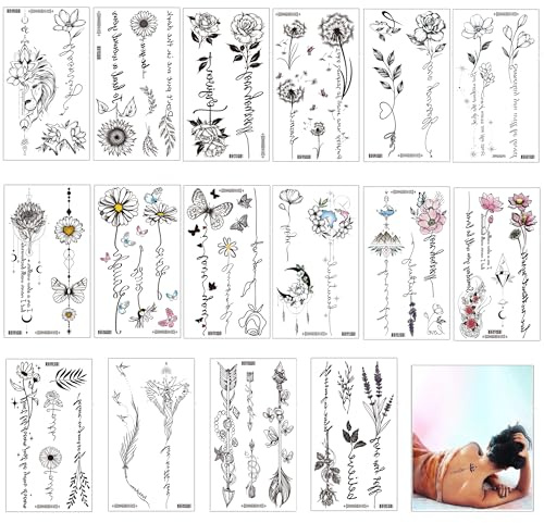 Rosymormor 16 Blatt Temporäre Tattoos für Erwachsene, Blumen Wörtern Schmetterlings Fake Tätowierungen Frauen, Tattoos Aufkleben Festival Accessoires Coachella, Weihnachten, Halloween, Musikfestival