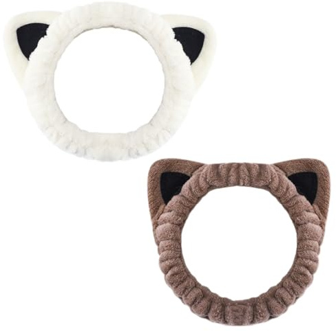 Haarband Kosmetik Katzenohren, 2 PCS Elastische Korallen Fleece Haarbänder, Damen Kosmetisches Stirnband, Damen Kosmetisches Stirnband, Accessoires für Mädchen und Frauen (Weiß + Khaki)